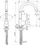 Küchenarmatur in Chrom-Optik von Ideal Standard mit hohem, gebogenem Auslauf und einem Bedienhebel. Abmessungen und Details sind im technischen Zeichnungsstil dargestellt.
